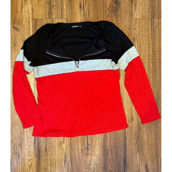 Orandesigne Tops - Orandesigne Womens Colorblock Half Zip Long Sleeve Top Black Grey Red Large